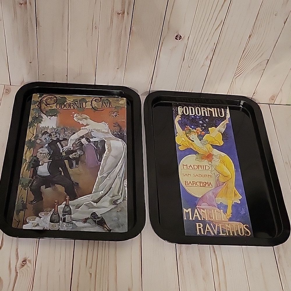 Vintage Metal Serving Trays Cordoniu Cava Art Nouveau Advertising Tray
